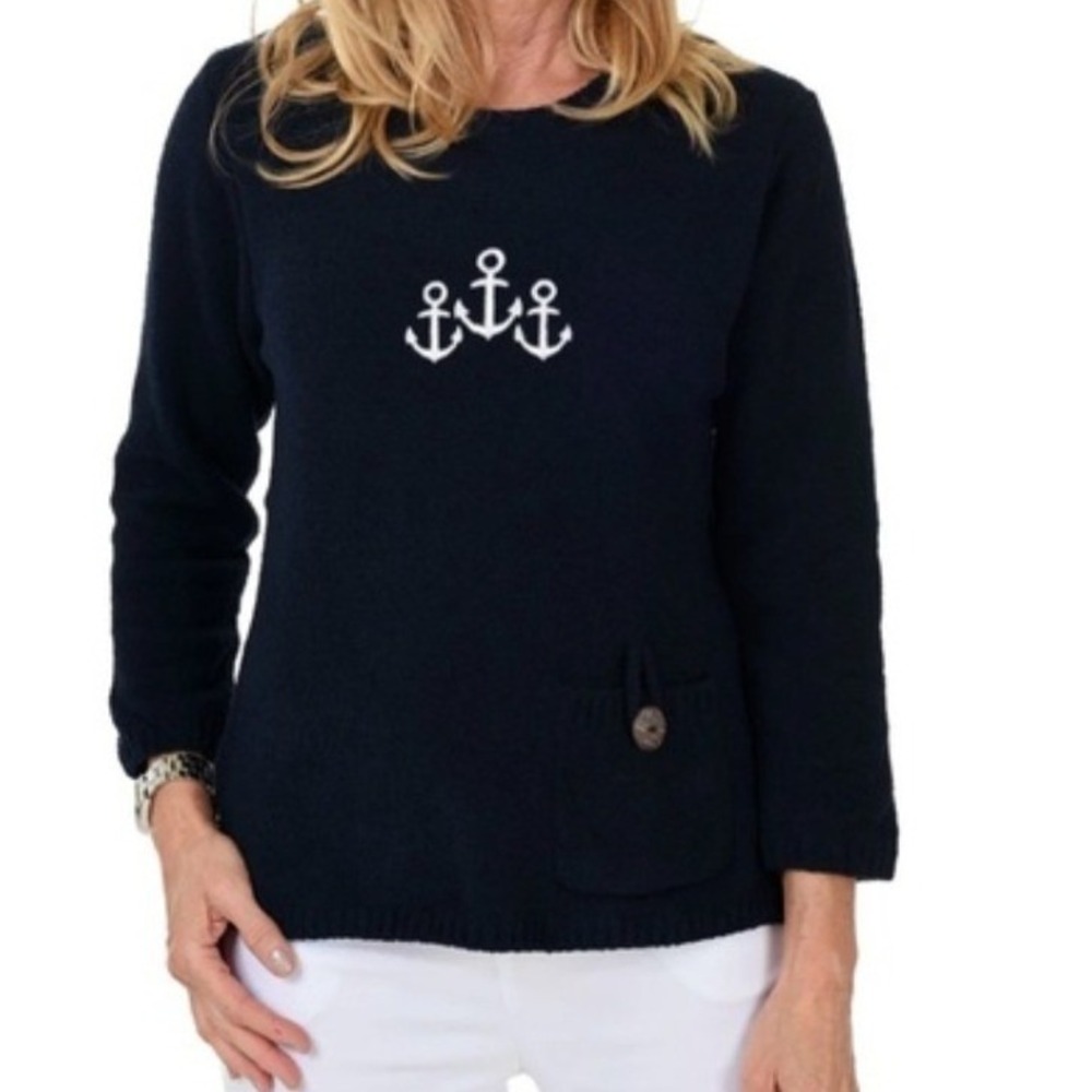 Lulu-B Anchor Sweater Womens Large Navy Blue Chenille Nautical Pocket Coastal